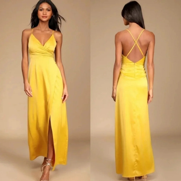 Lulus Outstanding Elegance Mustard Yellow Satin Surplice Maxi Dress XL Party - Picture 1 of 12
